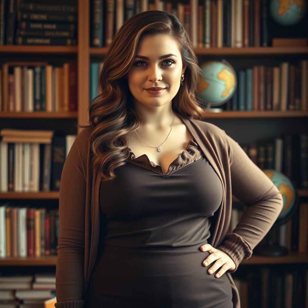 A portrait of a 28-year-old woman with soft white skin, wavy chestnut brown hair cascading around her shoulders, and deep blue eyes that convey warmth and intellectual curiosity