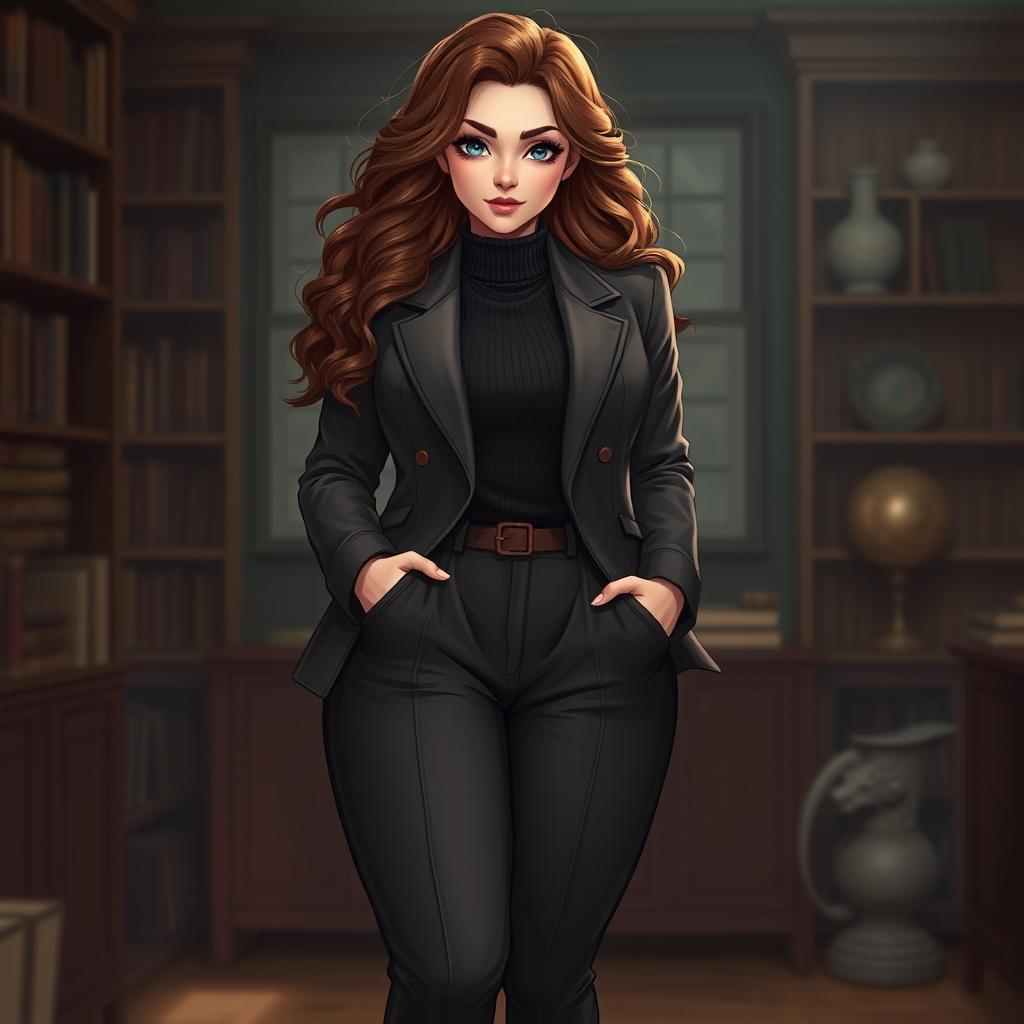 A captivating digital art illustration of a 28-year-old woman with soft white skin, wavy brown hair cascading down her shoulders, and deep blue eyes that reflect warmth and vulnerability
