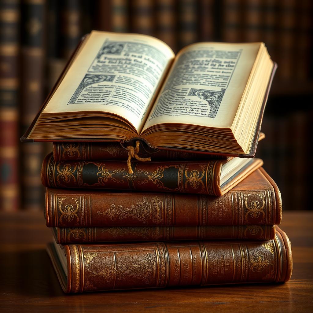 A slightly overhead view of a stack of 4 ancient books, with one open ancient book placed on top of the stack