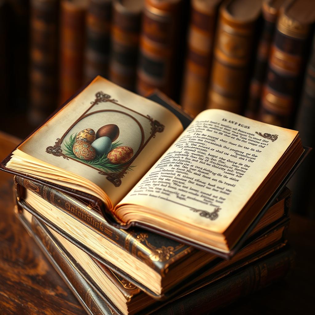 A slightly overhead view of a stack of 4 ancient books, with one open ancient book placed on top of the stack