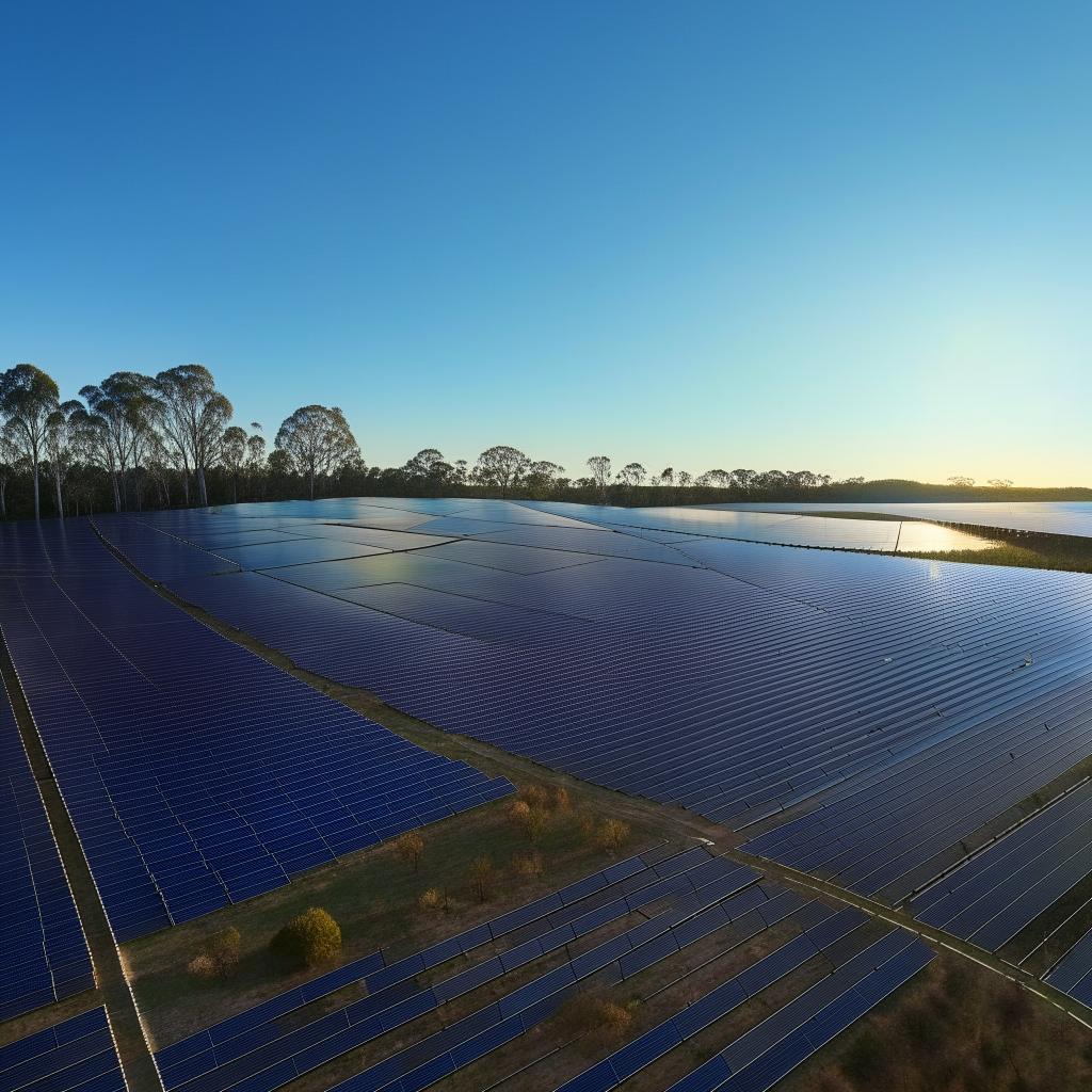 A vast field of solar panels in Queensland, Australia, bathed in warm sunlight with eucalyptus trees and a vibrant blue sky in the background