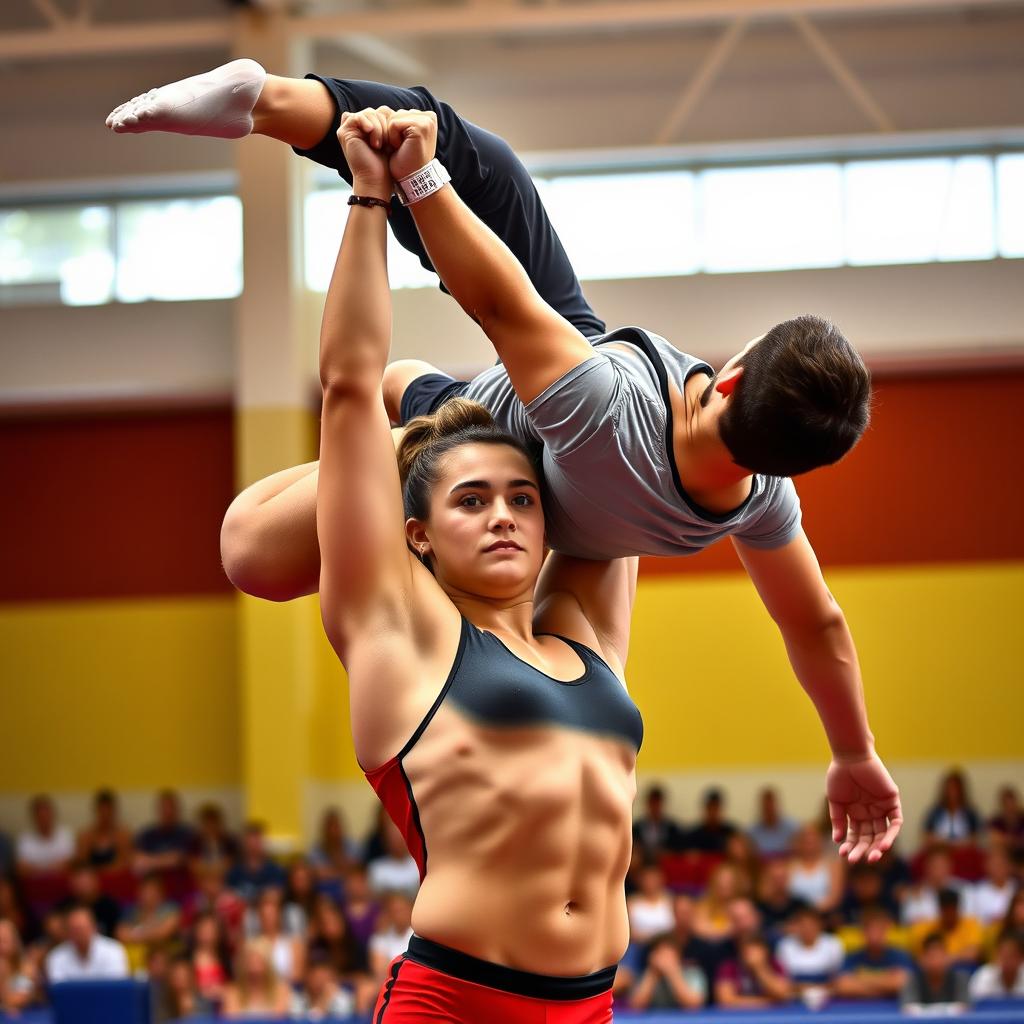 A young, muscular female gymnast displaying incredible strength and balance as she lifts a man with one hand
