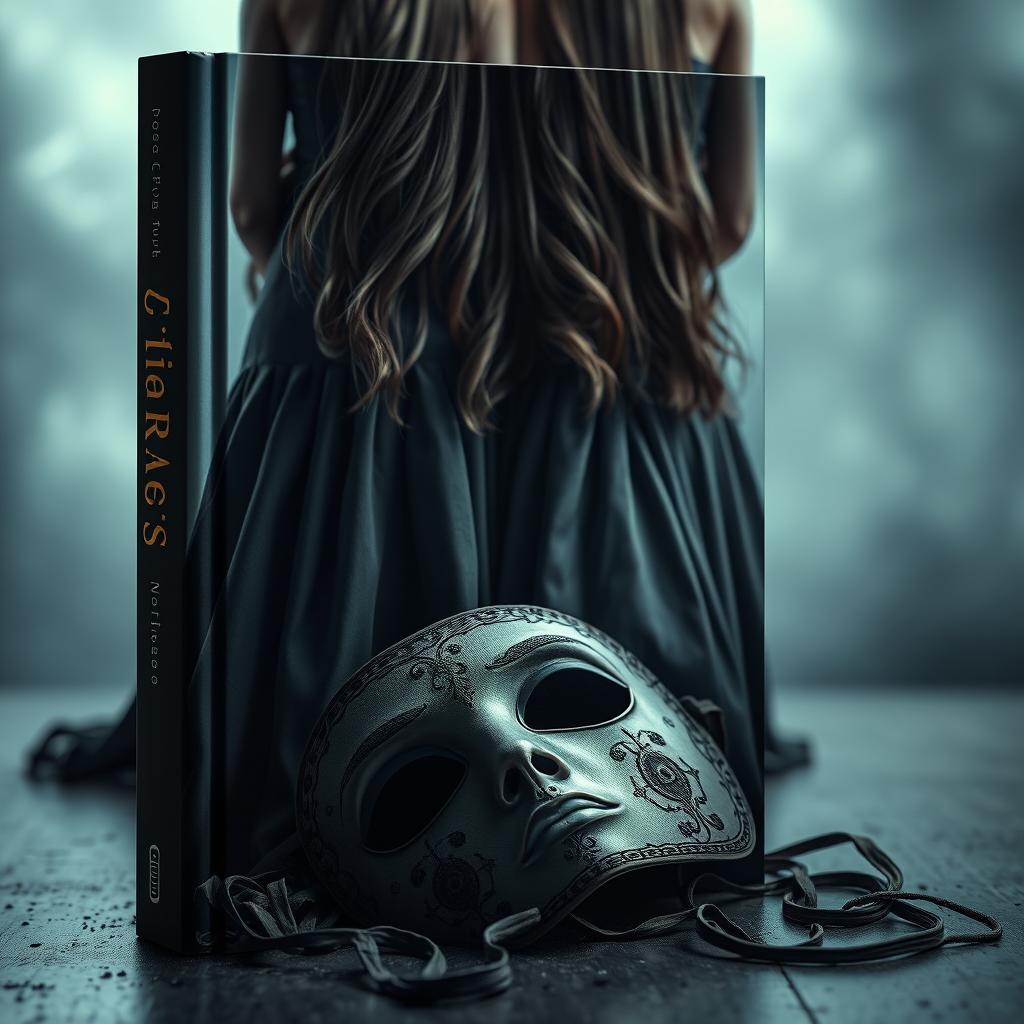 A book cover featuring a fallen mask on the ground, with two identical twin sisters standing behind it