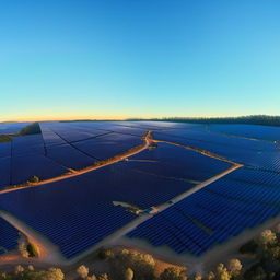 A vast field of solar panels in Queensland, Australia, bathed in warm sunlight with eucalyptus trees and a vibrant blue sky in the background