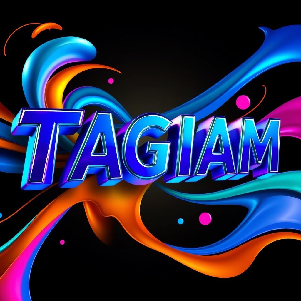A vibrant 3D text design featuring the word 'TAGIAM', stylized with bold and dynamic colors