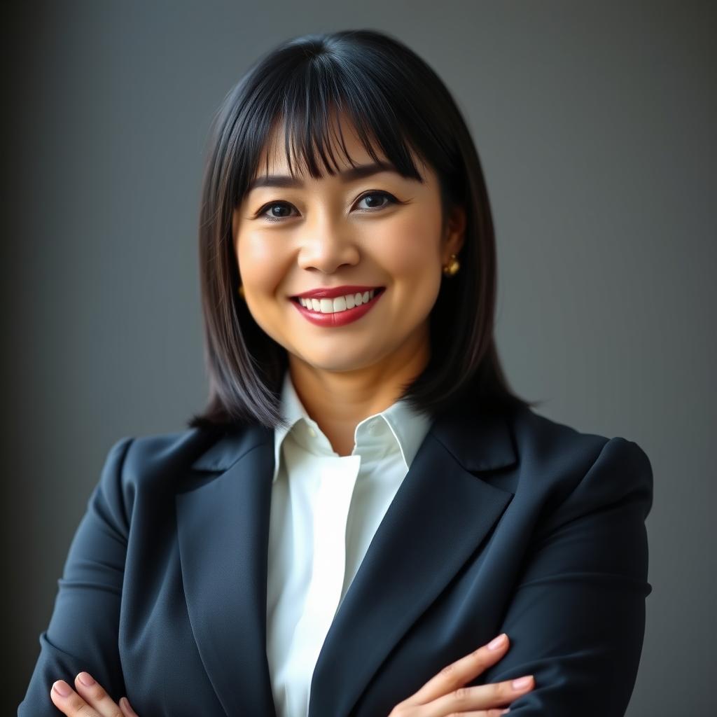 A professional mid-aged woman with straight black hair styled above her shoulders, wearing formal attire that conveys a sense of authority and elegance
