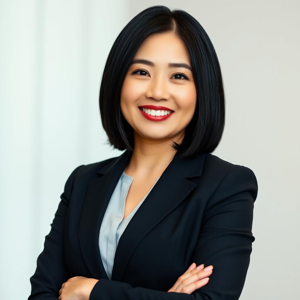 A professional mid-aged woman with straight black hair cut above her shoulders, featuring a clean look without side bangs