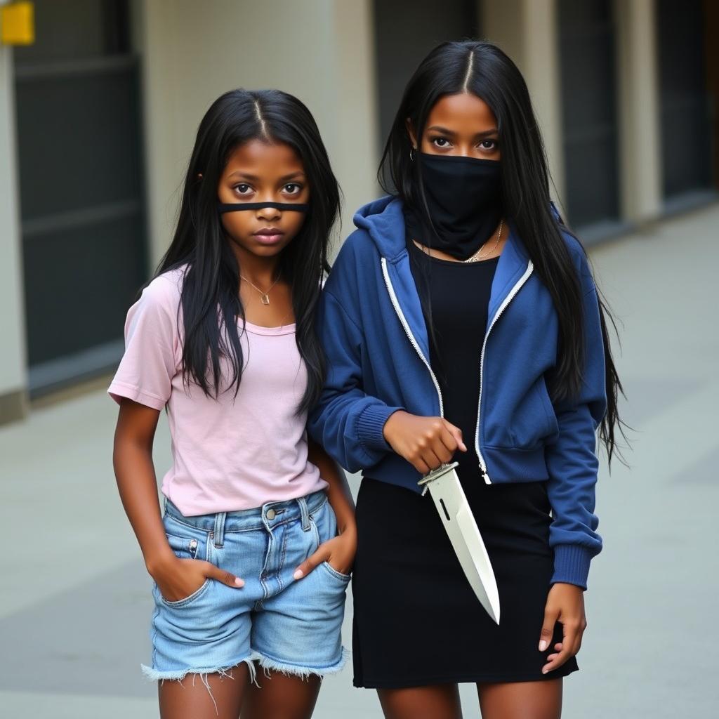 Two dark-skinned twin girls with black hair, one wearing a black dress paired with an unzipped blue hoodie, a mask covering her face, and holding a knife