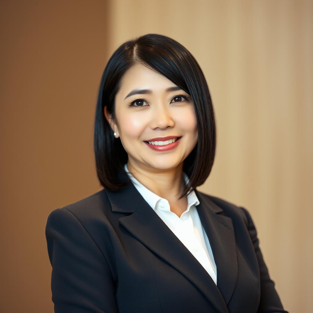 A professional mid-aged woman with sleek black straightened hair that falls just above her shoulders, without side bangs