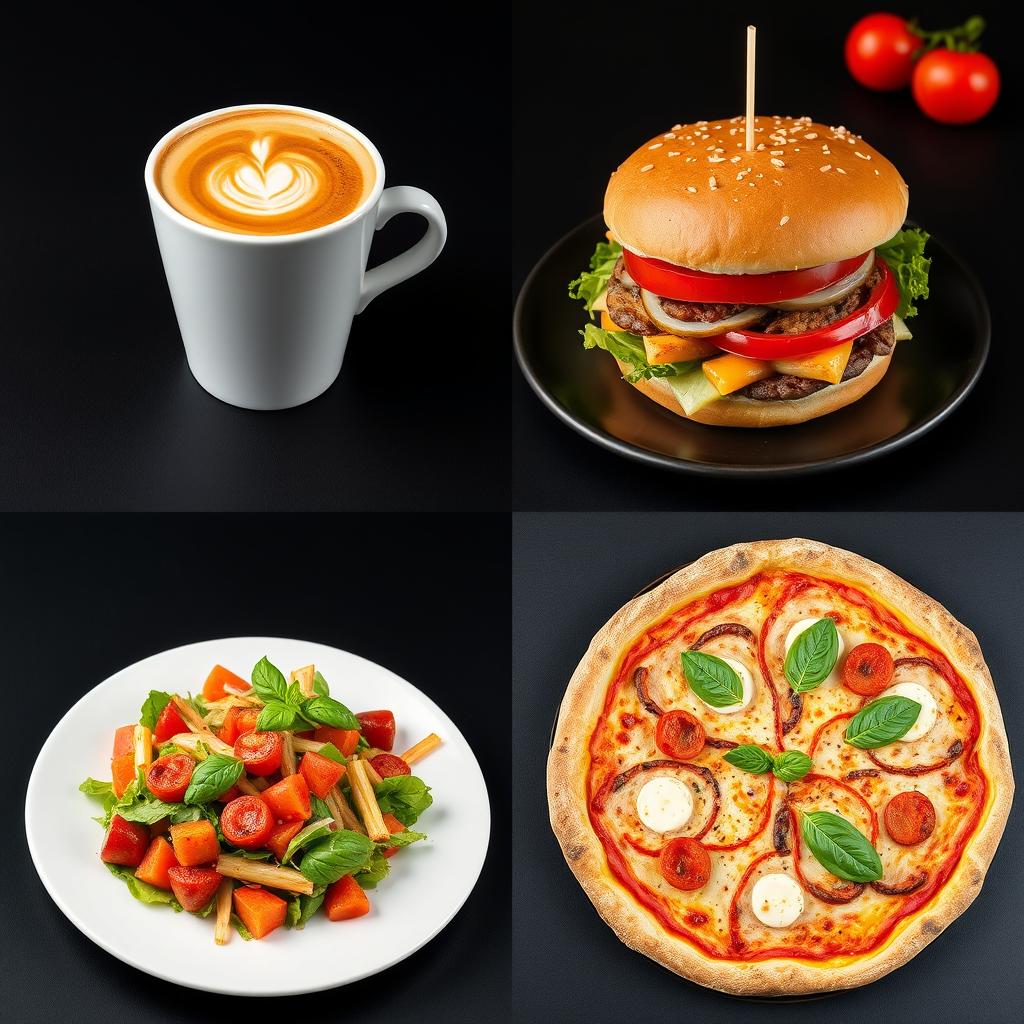 A vibrant collage showcasing various dishes from a cafe, restaurant, and pizzeria, all beautifully arranged on a sleek black background