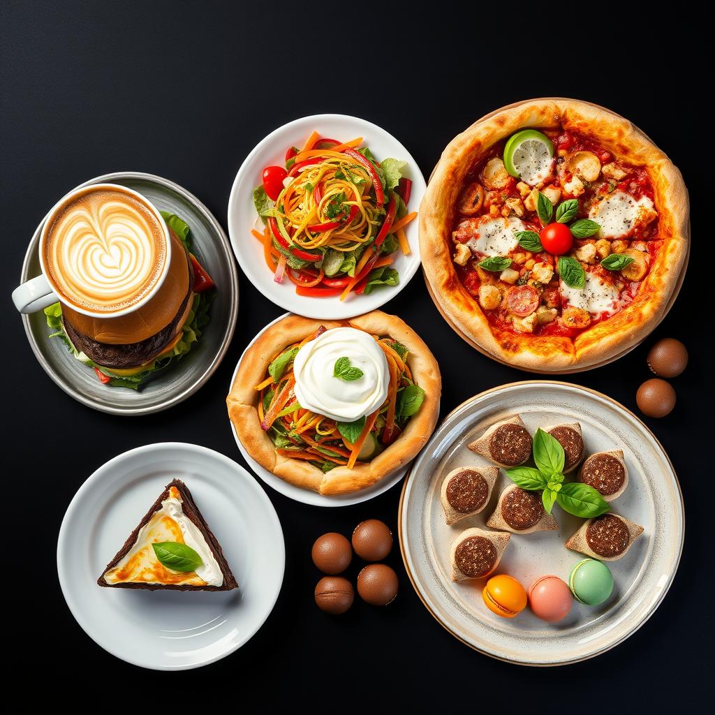 An elegant arrangement of various dishes from a cafe, restaurant, and pizzeria, artfully displayed together on a stylish black background