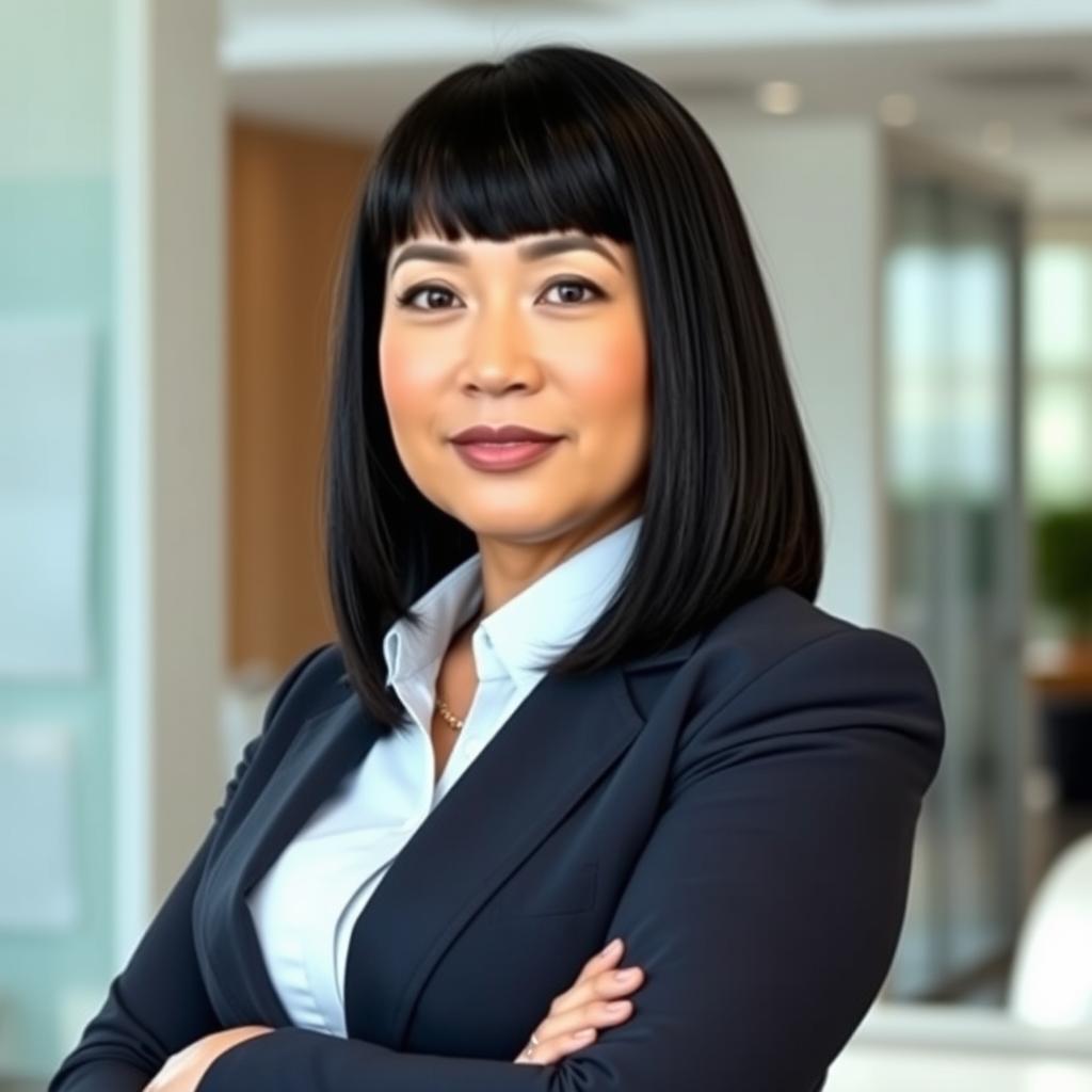 A professional mid-aged woman with straightened black hair cut above the shoulder, styled flat with no side bangs