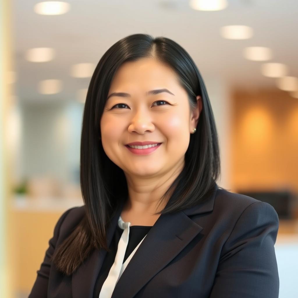 A professional mid-age woman with straightened black hair above her shoulders, wearing formal attire