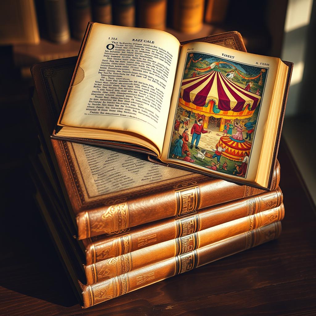 A slightly overhead view of a stack of 4 ancient books, with one open ancient book placed on top of the stack