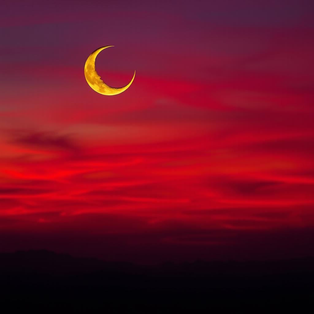 A stunning twilight scene with a vivid red sky, painted in deep shades of crimson and scarlet