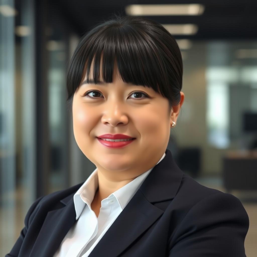 A professional mid-age woman with straightened black hair above her shoulders, without side bangs