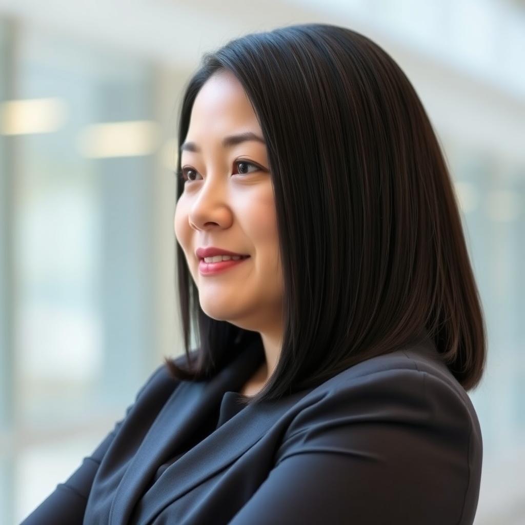 A professional mid-age woman with straightened black hair that is just above her shoulders, featuring a flattened style without side bangs