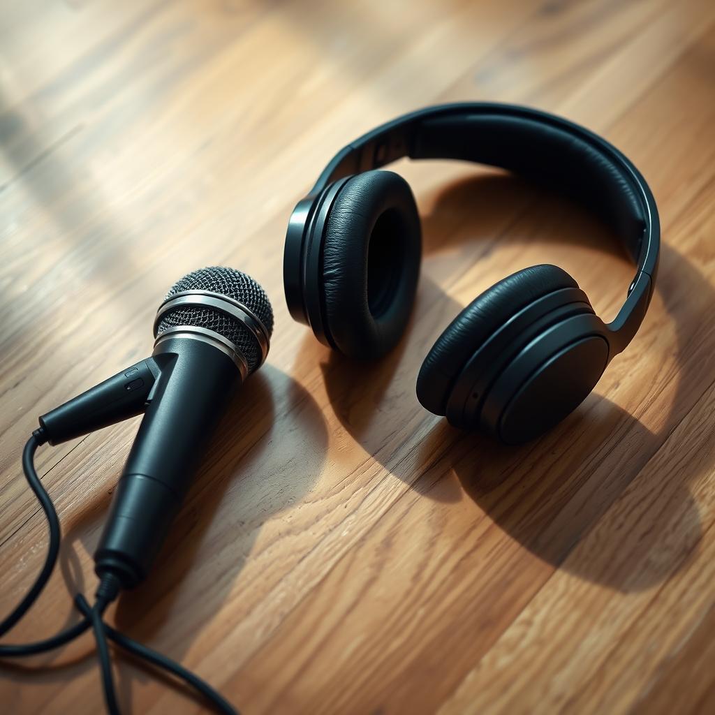 A pair of stylish headphones and a sleek microphone resting on a beautiful wooden floor