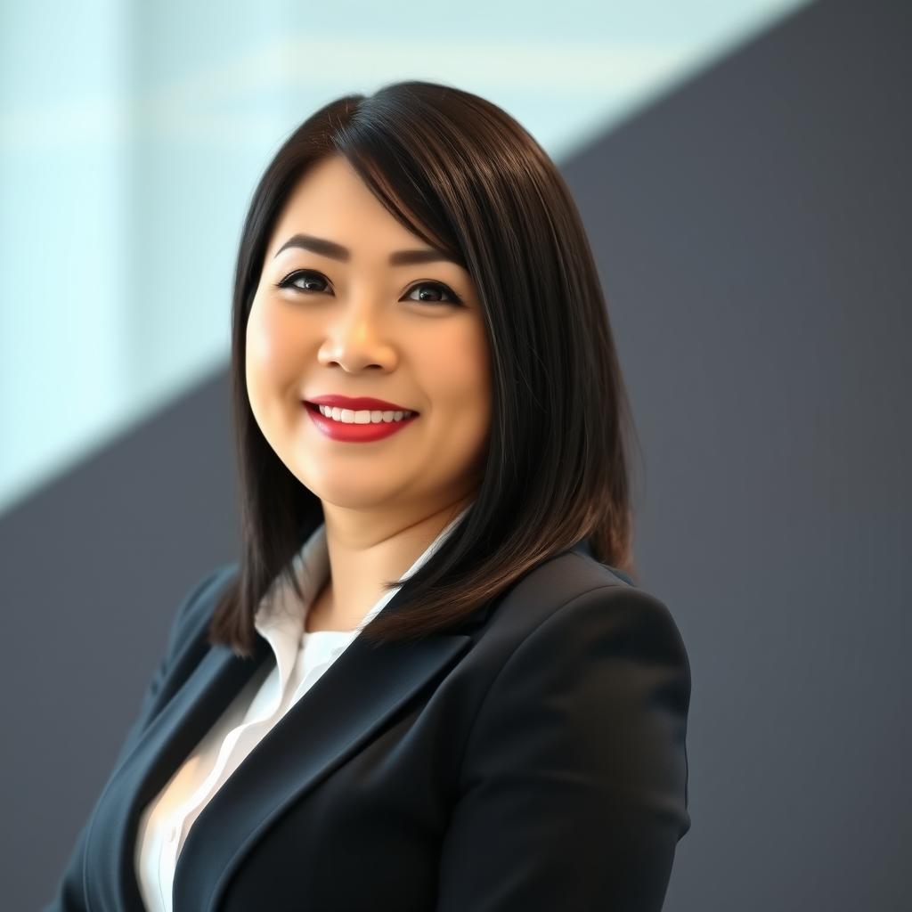 A professional mid-age woman with straightened black hair, styled above her shoulders and without side bangs