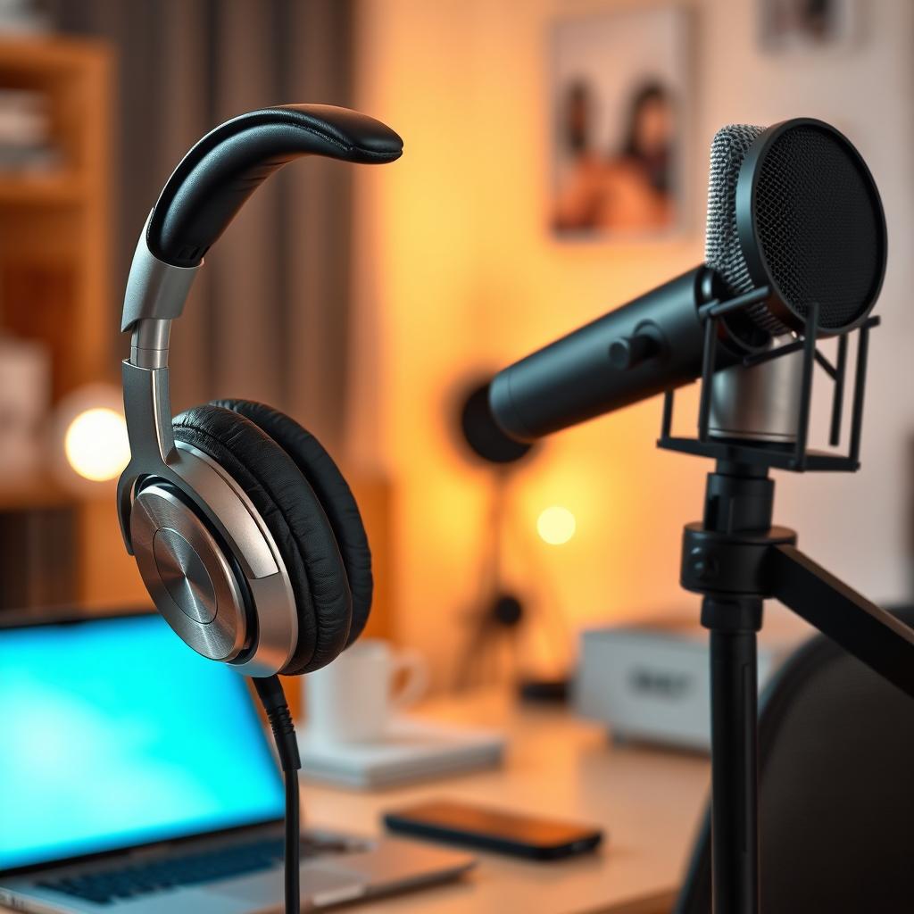 A pair of sleek, modern headphones with soft ear cushions and an adjustable headband, accompanied by a high-quality microphone on a boom arm