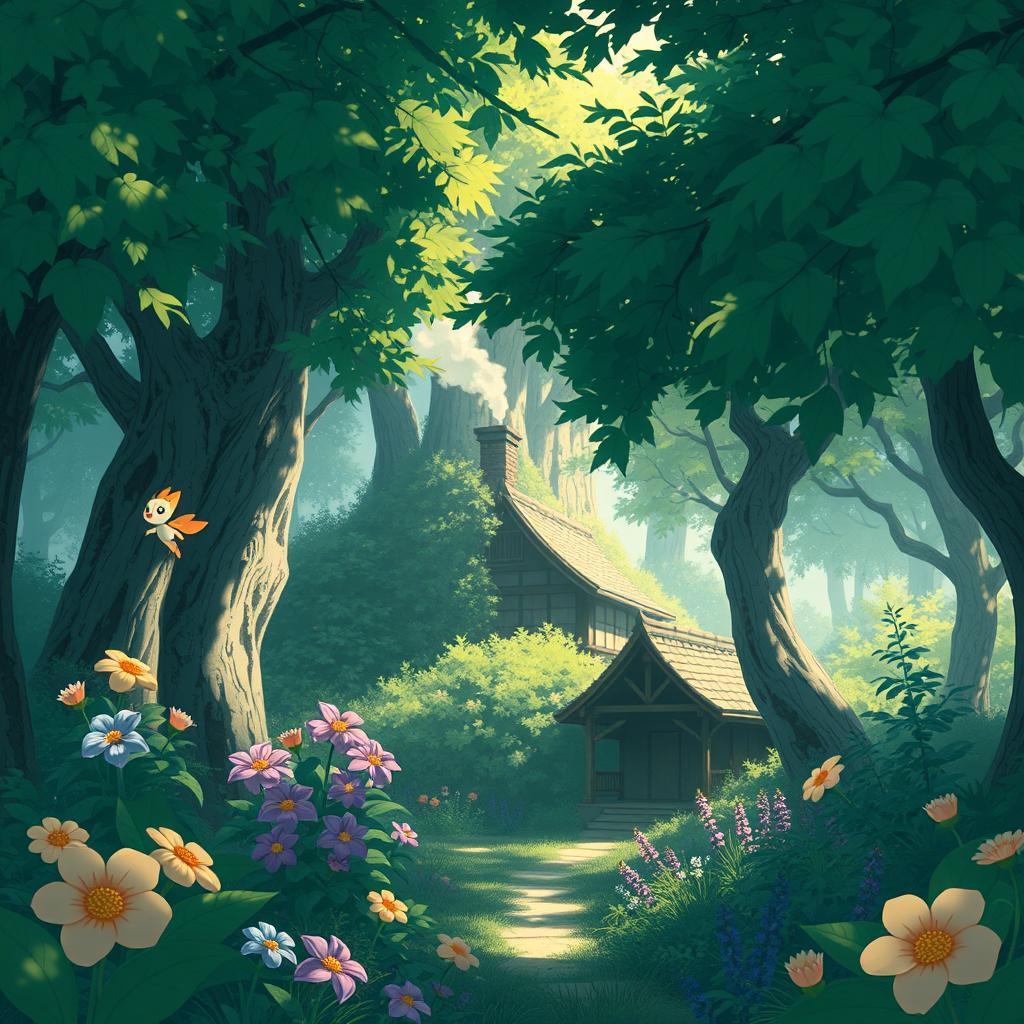 A serene and enchanting forest scene inspired by Studio Ghibli, featuring lush greenery, whimsical trees, and vibrant flowers