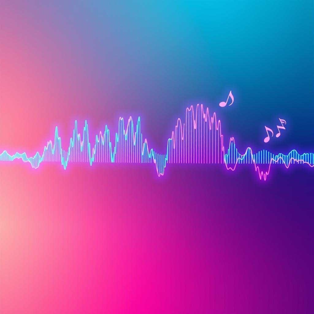 A detailed and vibrant visual representation of an audio signal waveform, showing distinct peaks and troughs against a gradient background
