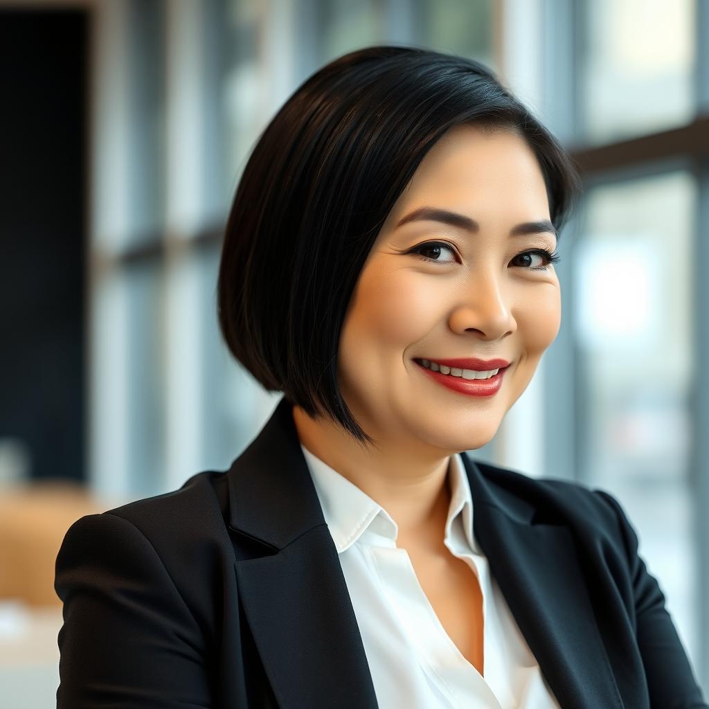 A professional mid-age woman with black straightened hair above her shoulders, styled flat and without side bangs