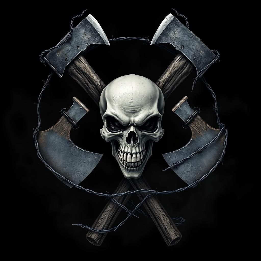 A striking and detailed composition featuring two crossed axes with a menacing skull positioned at the center