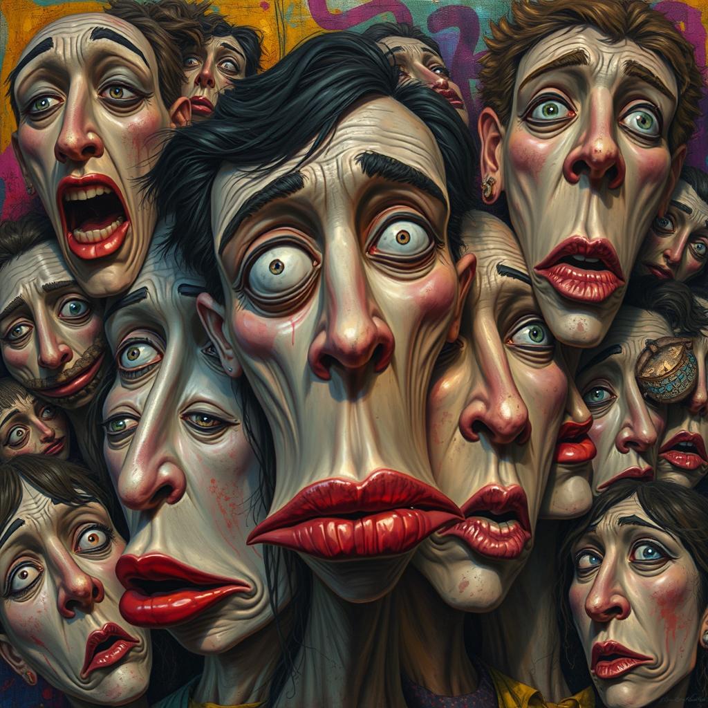 A chaotic scene filled with surrealistic faces featuring exaggerated features, where the lips extend beyond the outline of the faces