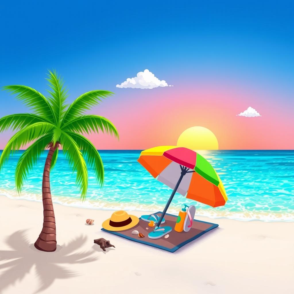 An illustration depicting a vibrant tropical beach scene, featuring crystal clear turquoise waters shimmering under a bright blue sky