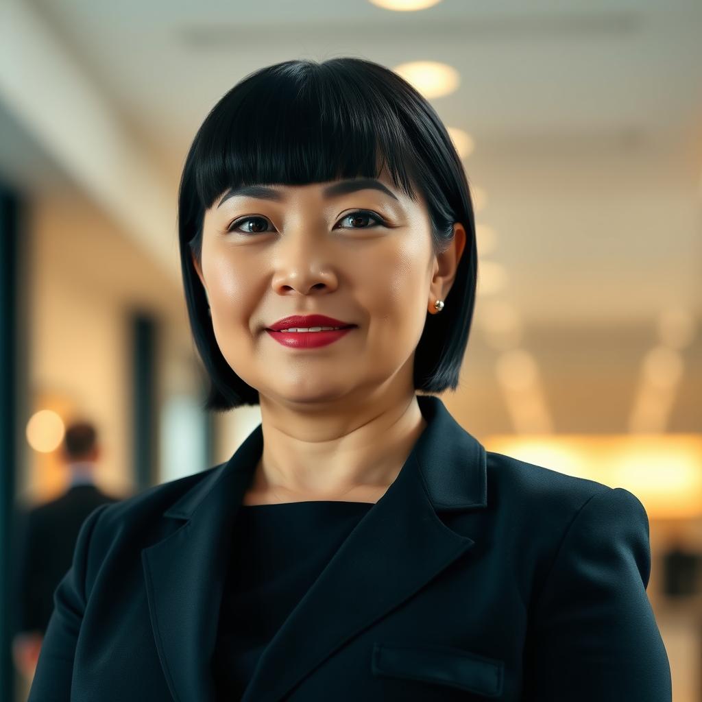 A professional mid-age woman with black straightened hair above her shoulders, styled flat and without side bangs