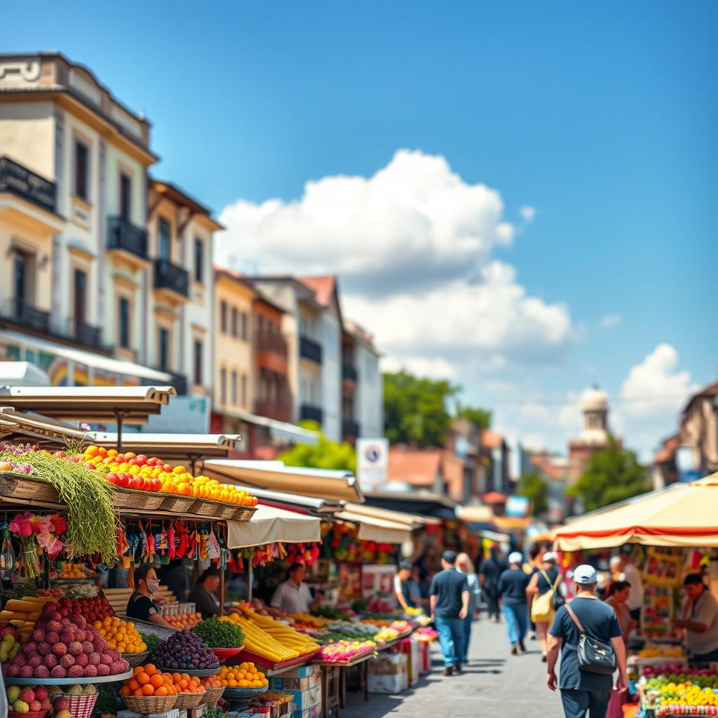 A vibrant and lively street market scene, filled with colorful stalls displaying fresh fruits, flowers, and artisan crafts