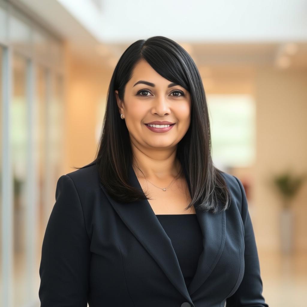 A professional mid-age woman with straightened black hair styled above her shoulders, flat and without side bangs
