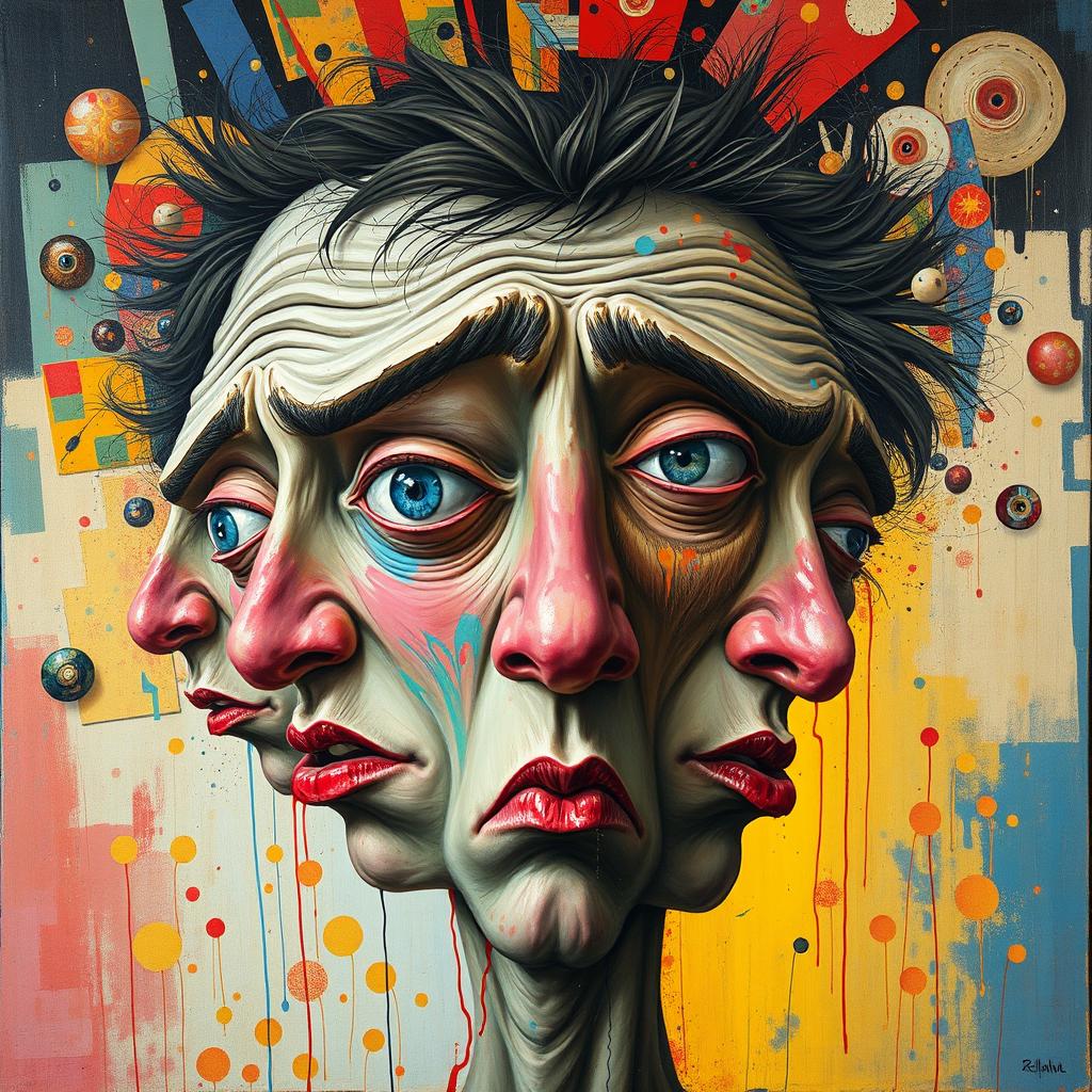 An abstract representation featuring distorted, disproportionate faces that evoke the complexity of recognizing emotions from facial expressions