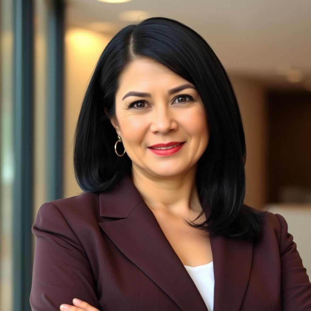 A professional mid-age woman with black straightened hair styled above her shoulders, flattened and without side bangs