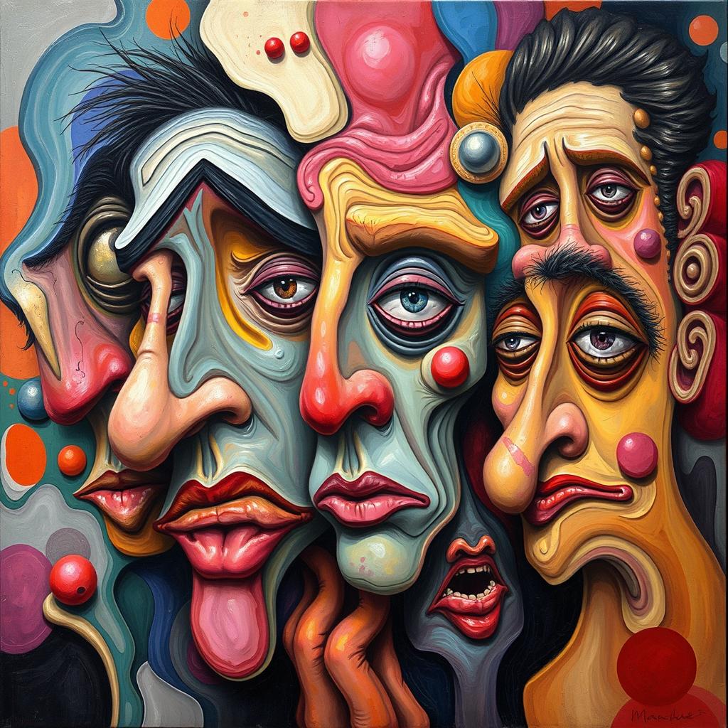 An abstract and chaotic representation of faces that are disproportionately depicted, showcasing a vibrant mix of colors and shapes