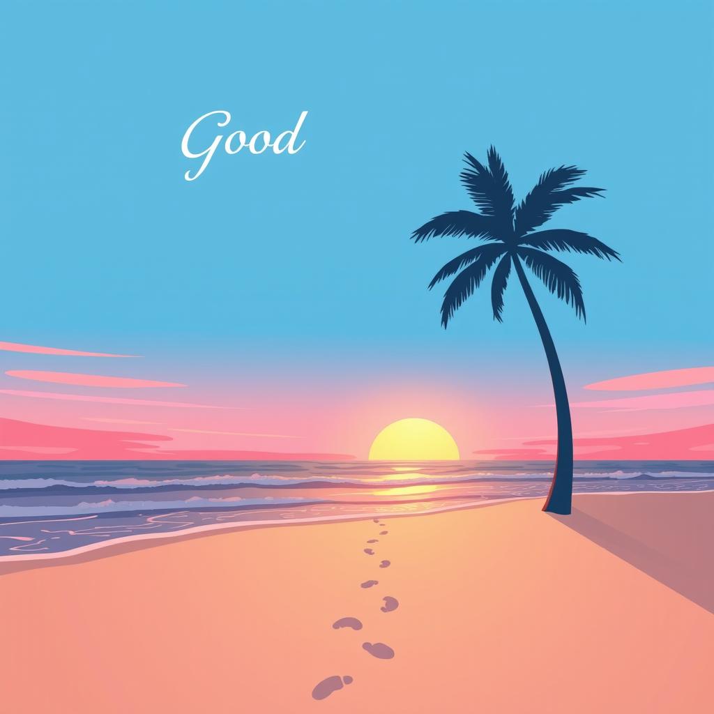 Good morning! Illustrate a vibrant sunrise over a tranquil beach, with soft waves gently lapping at the shore