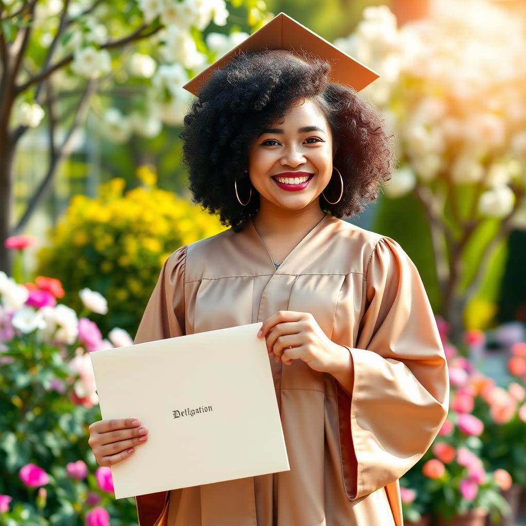 A vibrant graduation photo featuring a curvy Asian girl with super curly black hair