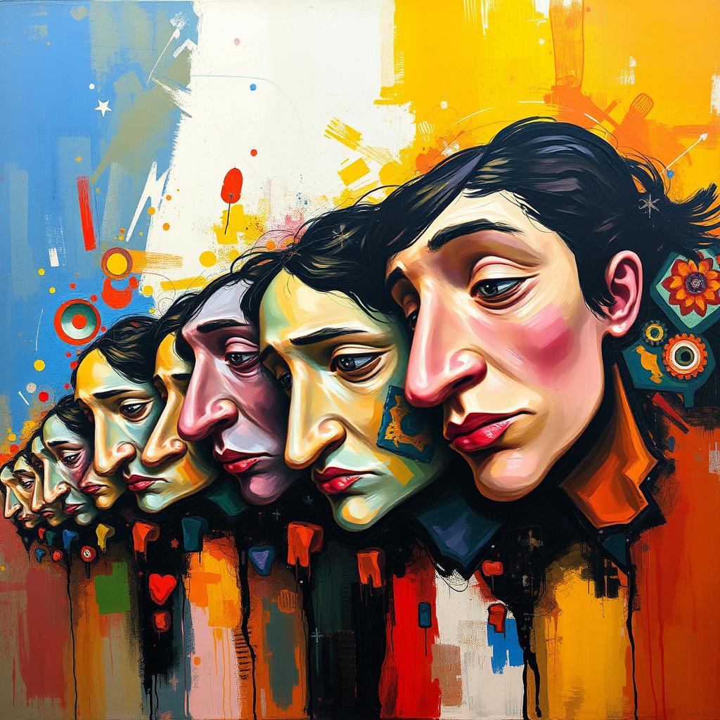 An abstract painting featuring distorted, disproportionately shaped faces overlapping in a chaotic horizontal arrangement