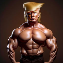 An artistic and humorous portrayal of Donald Trump in the guise of a professional bodybuilder, exaggerating his muscular physique while maintaining his recognizable facial features and trademark hair.