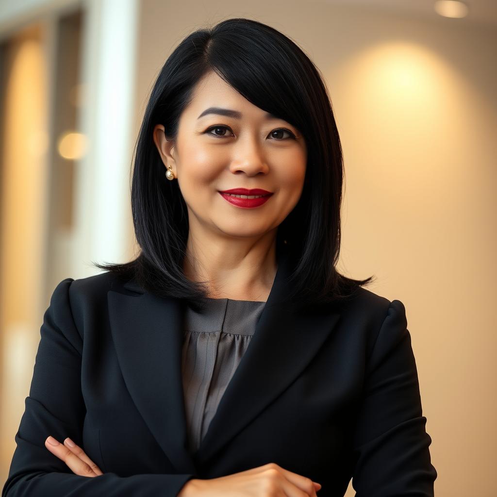 A professional mid-age woman with black straightened hair styled above and not touching her shoulders, flattened and without side bangs