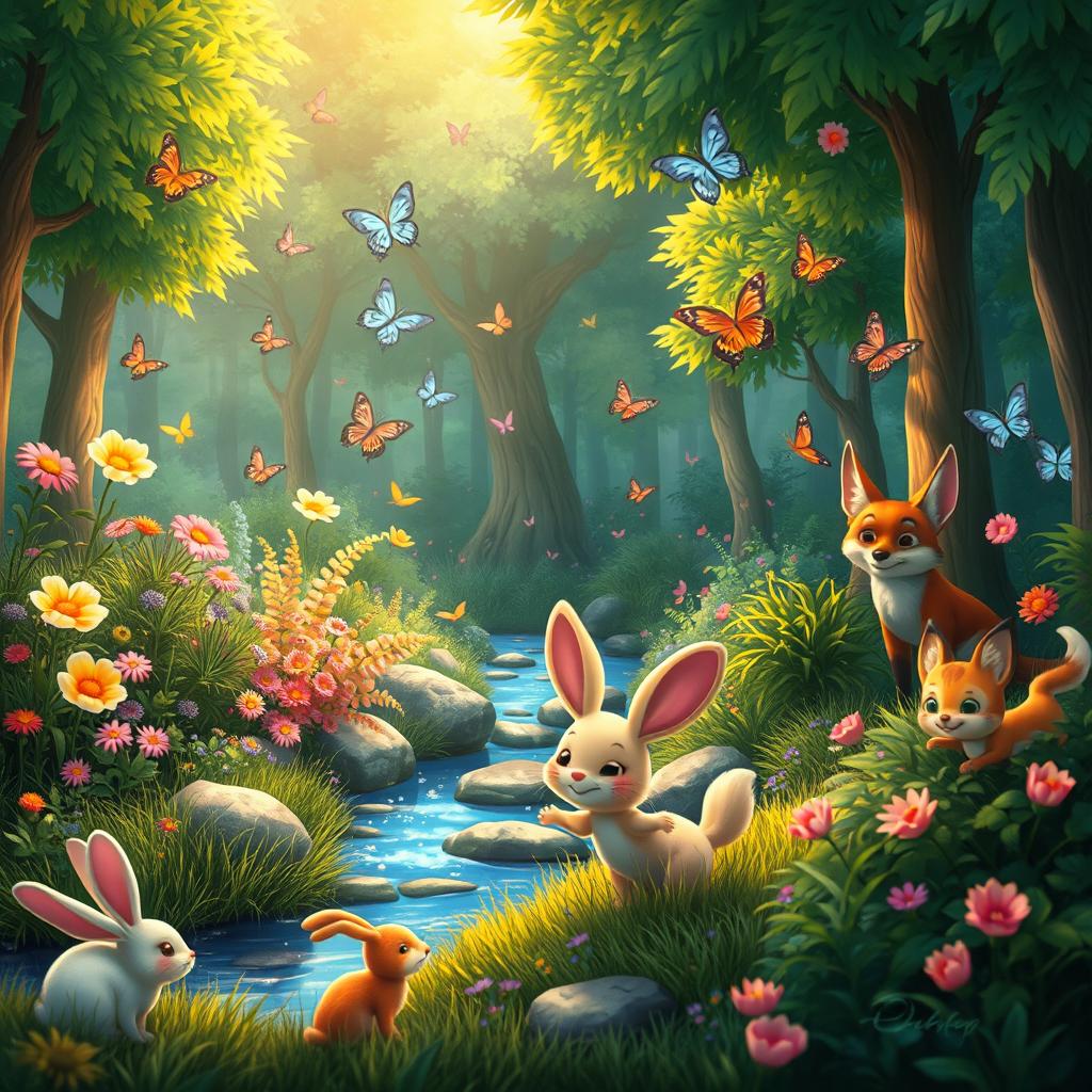 A vibrant and whimsical scene depicting a lively forest with animated elements, where colorful butterflies flutter amongst lush green trees, flowers sway slightly in a gentle breeze, and a small stream sparkles as it flows