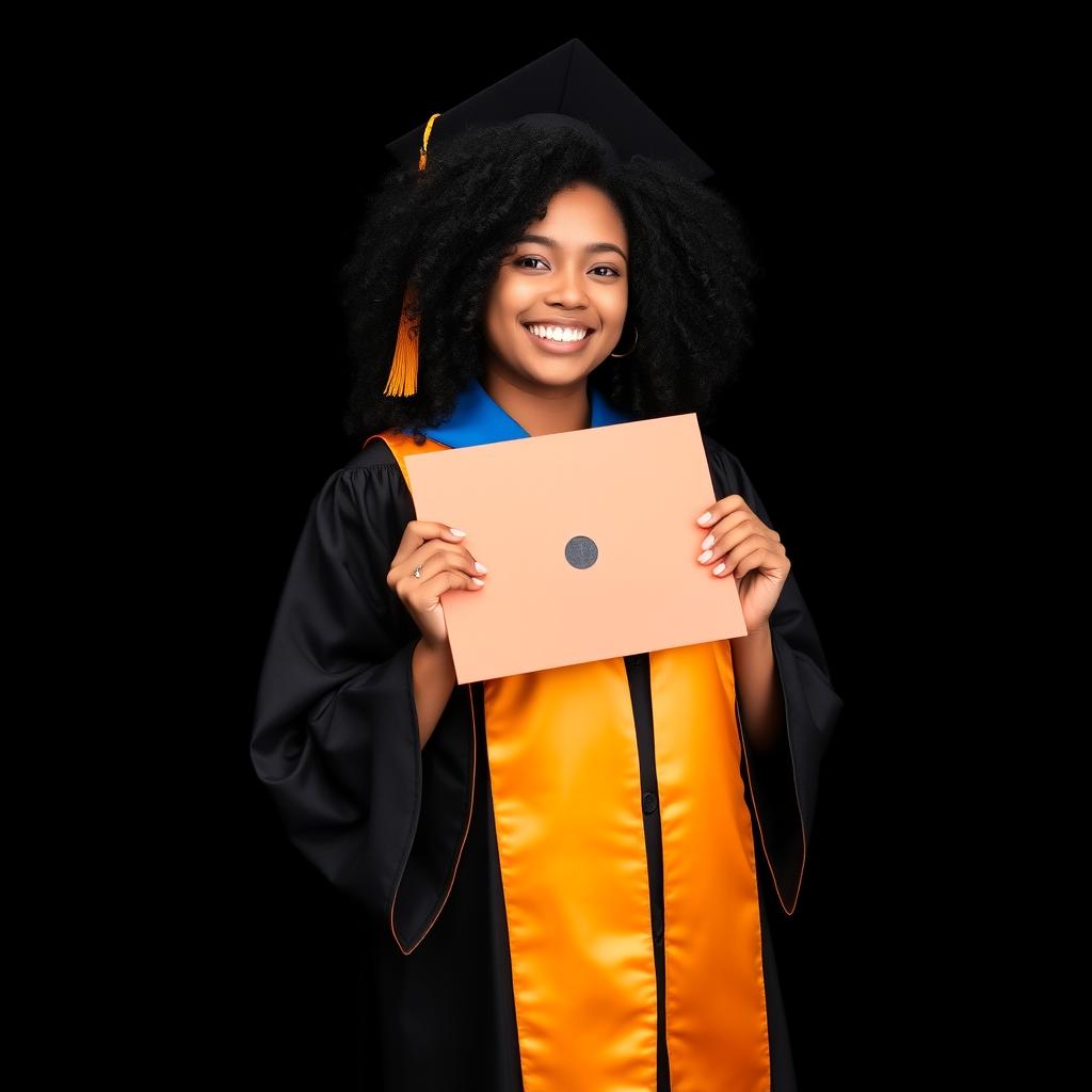 A stunning graduation photo featuring a curvy Asian girl with super curly black hair, set against a striking black background