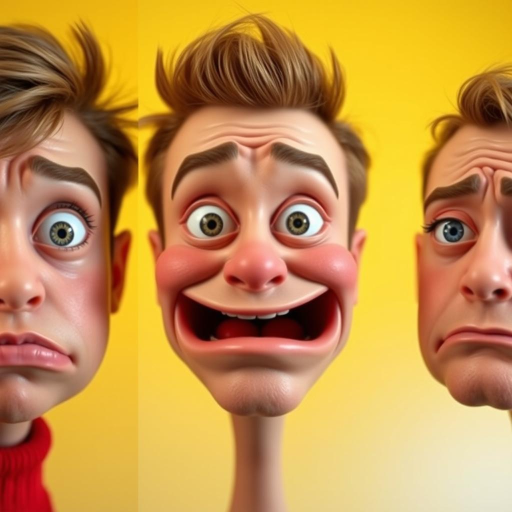 Three faces showcasing difficult-to-identify emotions, each with exaggerated and disproportionate features