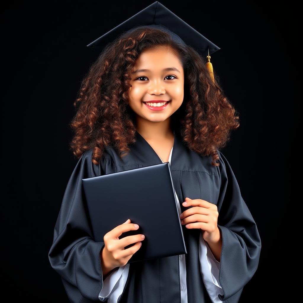 A junior high school graduation photo featuring a curvy Asian girl with curly hair, set against a striking black background