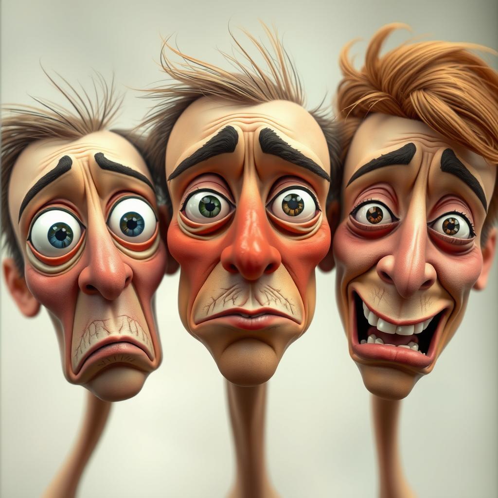 Three faces showcasing difficult-to-recognize emotions, each with exaggerated and disproportionate features