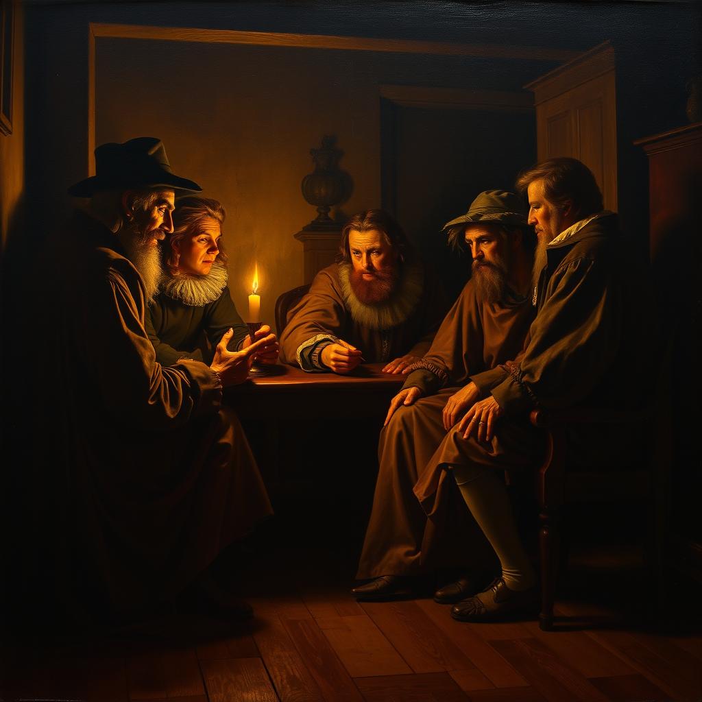 A dramatic scene painted in the classic style of Rembrandt, featuring a richly detailed portrayal of a candlelit room