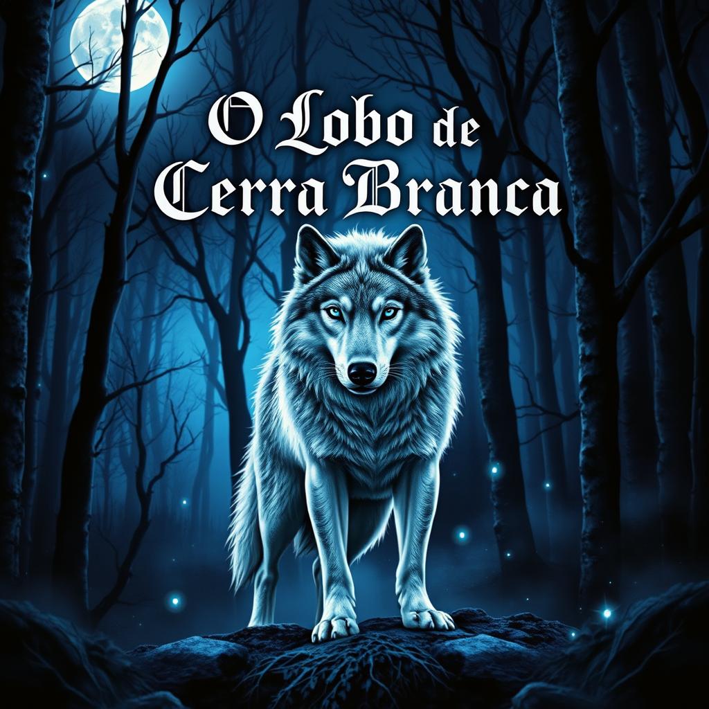 A captivating book cover featuring a powerful wolf standing majestically in a moonlit forest