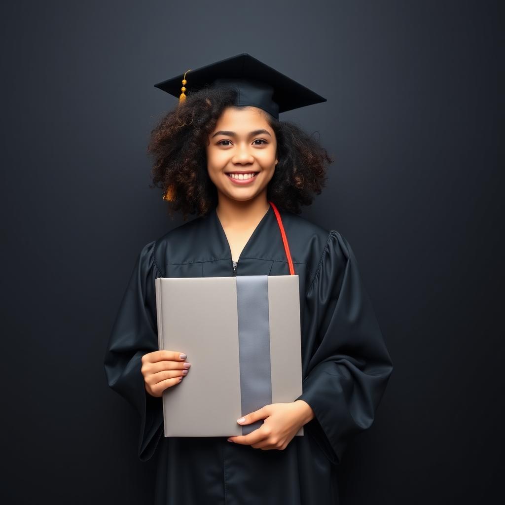 A junior high school graduation photo of a 16-year-old curvy Asian girl with curly hair, set against a sleek black background