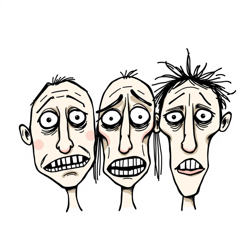Three faces expressing difficult-to-recognize emotions, featuring elements such as oversized eyes, irregularly shaped mouths, and skewed facial features, all designed in a whimsical, hand-drawn style